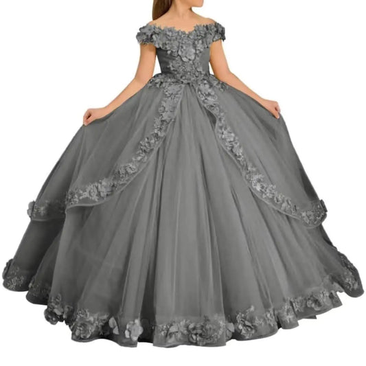 "Elegant Tulle Flower Girl Dress  Off-Shoulder Lace Princess Gown for Weddings & Special Occasions"