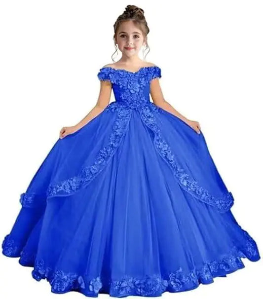 "Royal Blue Off-Shoulder Flower Girl Dress for Weddings, Pageants & First Communion"