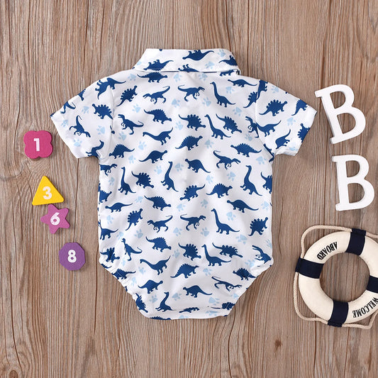Newborn Baby Boy Outfit – Dinosaur Print Romper, Cotton Suspender Shorts & Beret