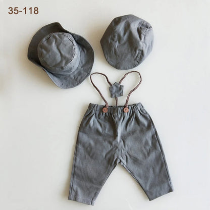 Newborn Boy Photo Outfit – Romper, Hat & Suspenders Set
