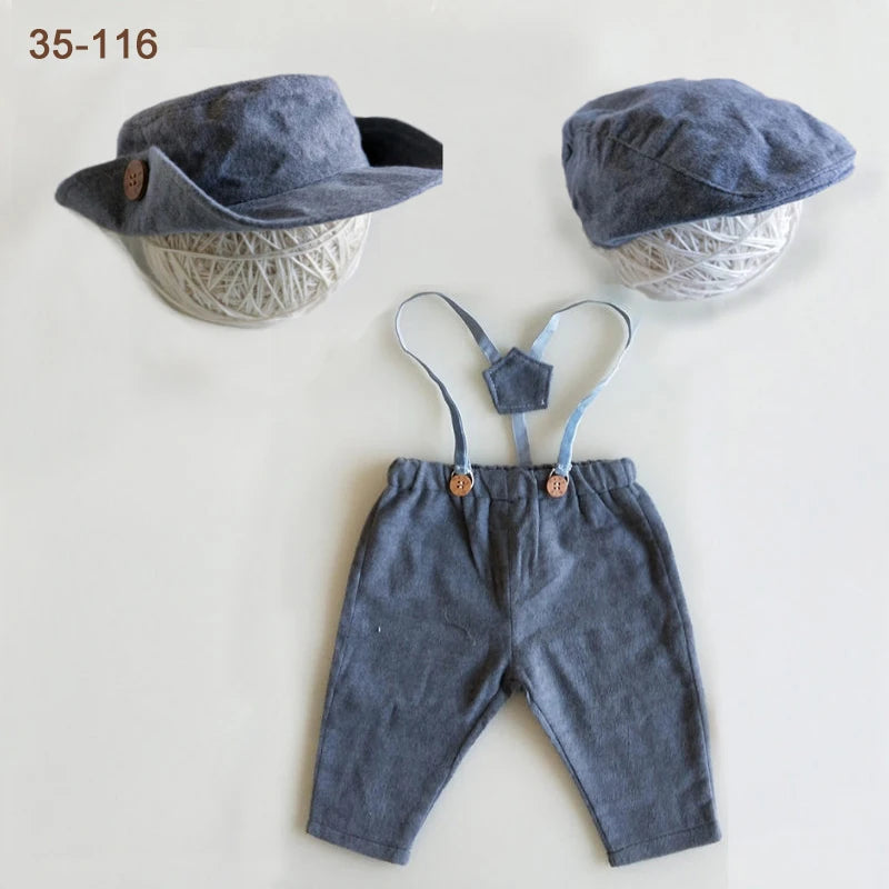Newborn Boy Photo Outfit – Romper, Hat & Suspenders Set