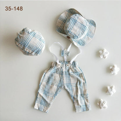 Newborn Boy Photo Outfit – Romper, Hat & Suspenders Set