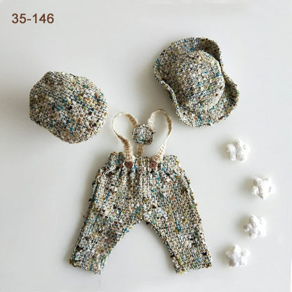 Newborn Boy Photo Outfit – Romper, Hat & Suspenders Set