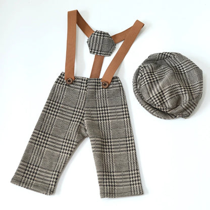 Newborn Boy Photo Outfit – Romper, Hat & Suspenders Set