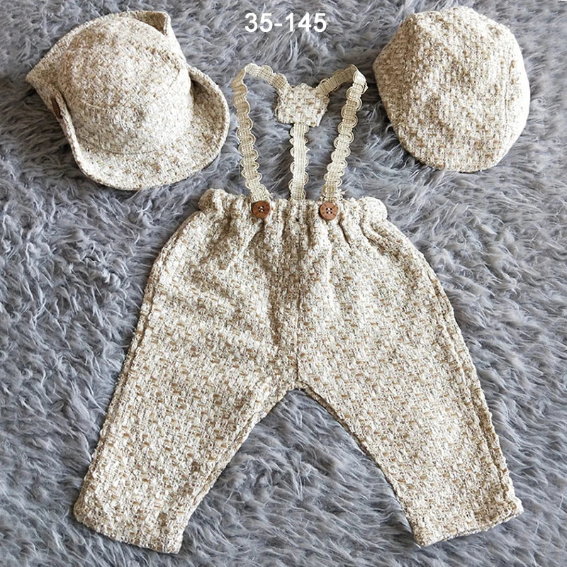 Newborn Boy Photo Outfit – Romper, Hat & Suspenders Set