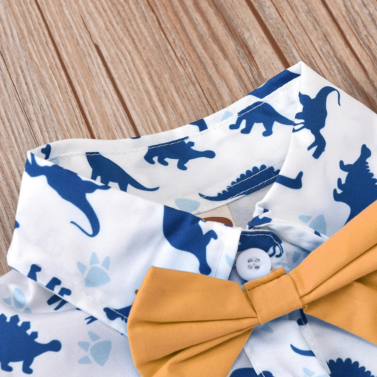 Newborn Baby Boy Outfit – Dinosaur Print Romper, Cotton Suspender Shorts & Beret