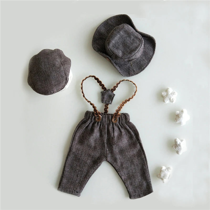 Newborn Boy Photo Outfit – Romper, Hat & Suspenders Set