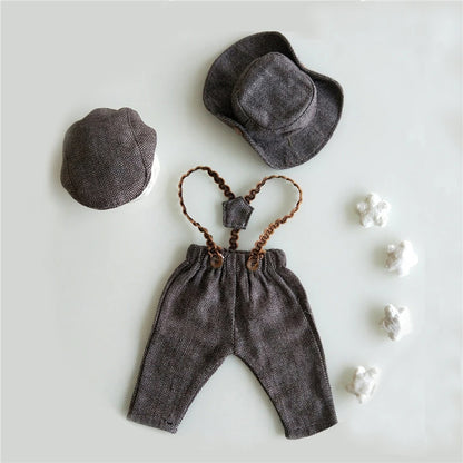 Newborn Boy Photo Outfit – Romper, Hat & Suspenders Set