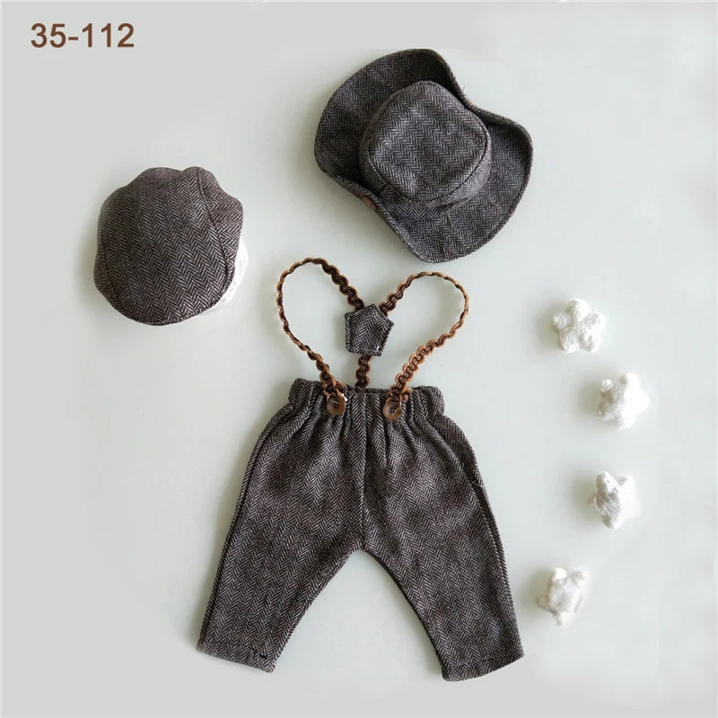 Newborn Boy Photo Outfit – Romper, Hat & Suspenders Set