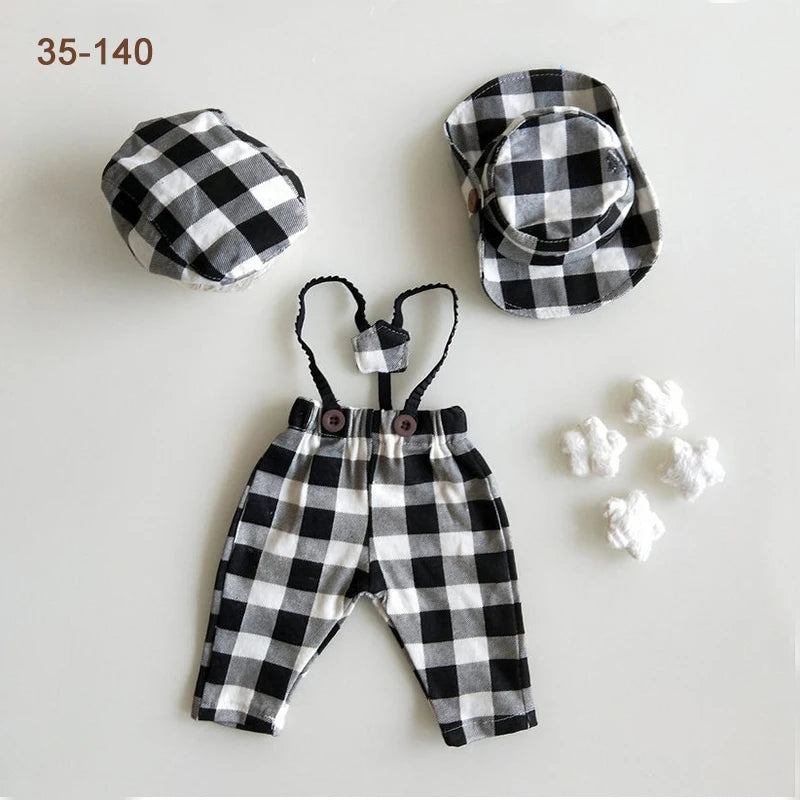 Newborn Boy Photo Outfit – Romper, Hat & Suspenders Set