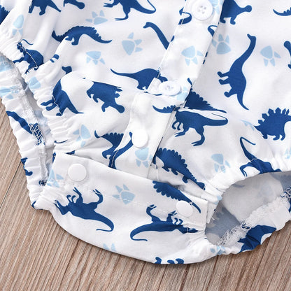 Newborn Baby Boy Outfit – Dinosaur Print Romper, Cotton Suspender Shorts & Beret