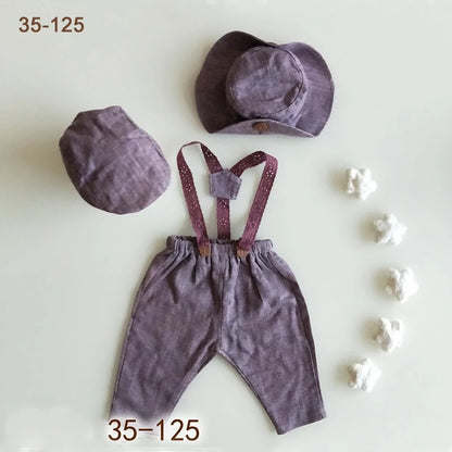 Newborn Boy Photo Outfit – Romper, Hat & Suspenders Set