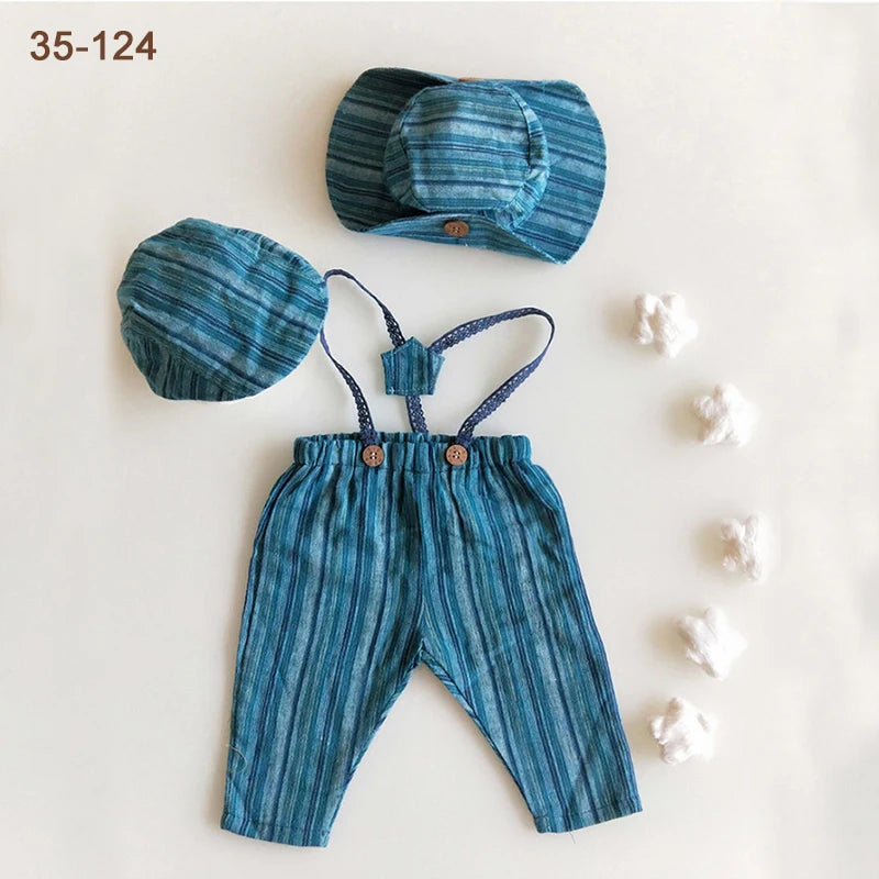 Newborn Boy Photo Outfit – Romper, Hat & Suspenders Set