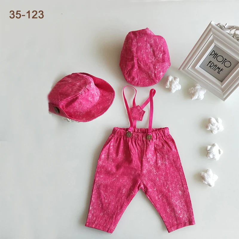 Newborn Boy Photo Outfit – Romper, Hat & Suspenders Set
