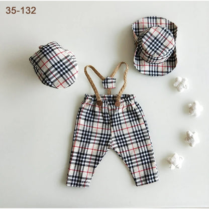 Newborn Boy Photo Outfit – Romper, Hat & Suspenders Set