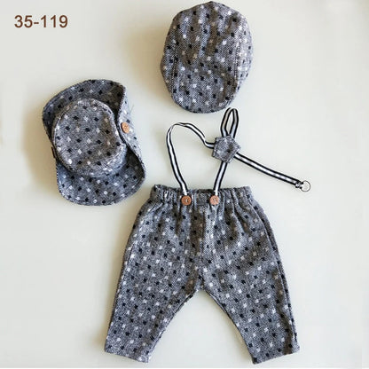 Newborn Boy Photo Outfit – Romper, Hat & Suspenders Set