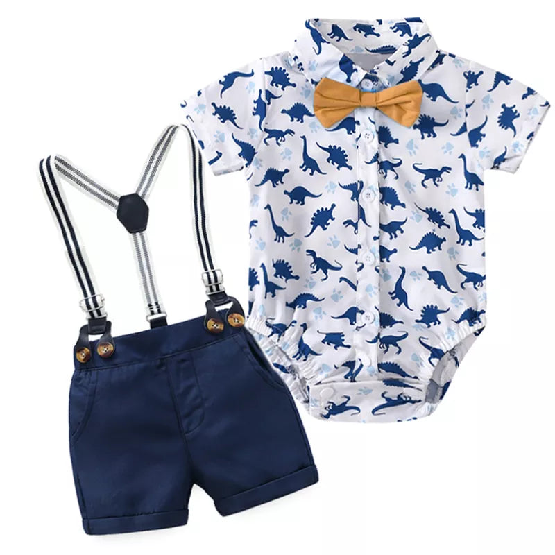 Newborn Baby Boy Outfit – Dinosaur Print Romper, Cotton Suspender Shorts & Beret