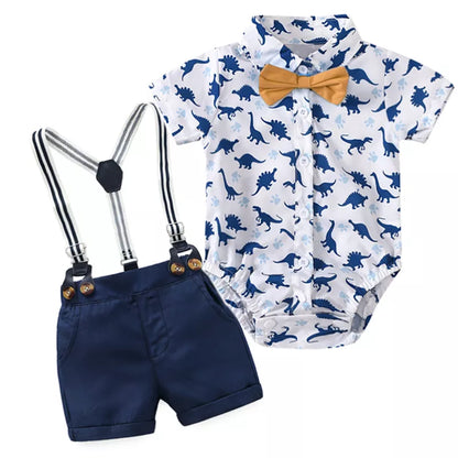Newborn Baby Boy Outfit – Dinosaur Print Romper, Cotton Suspender Shorts & Beret