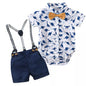 Newborn Baby Boy Outfit – Dinosaur Print Romper, Cotton Suspender Shorts & Beret