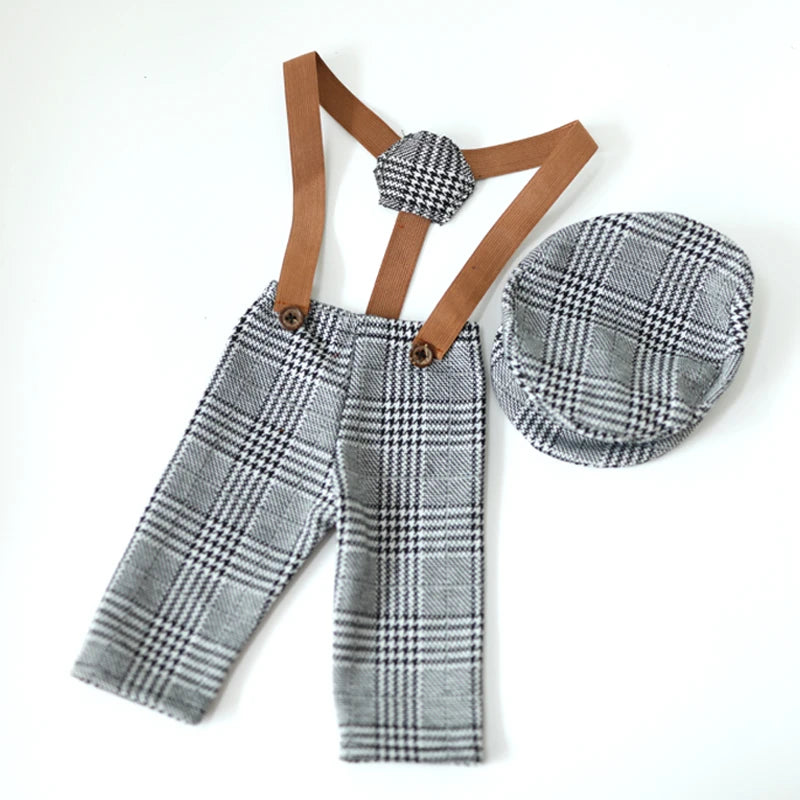 Newborn Boy Photo Outfit – Romper, Hat & Suspenders Set