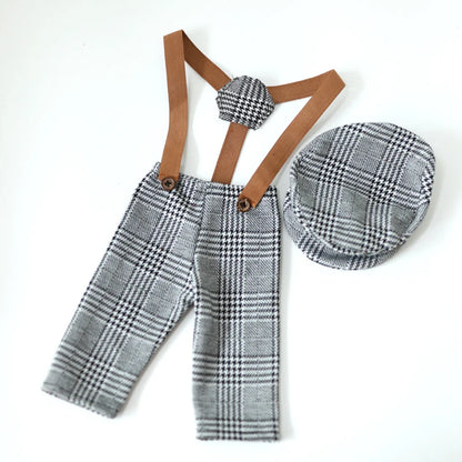Newborn Boy Photo Outfit – Romper, Hat & Suspenders Set
