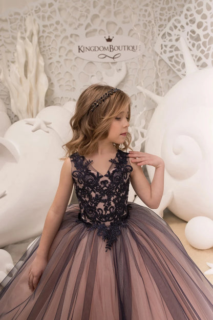 Black Lace Tulle Flower Girl Dress – Formal Occasion Gown for Girls