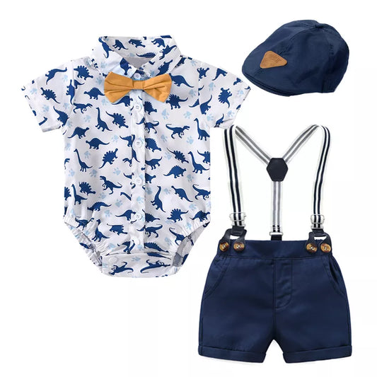 Newborn Baby Boy Outfit – Dinosaur Print Romper, Cotton Suspender Shorts & Beret