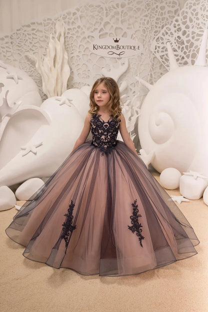 Black Lace Tulle Flower Girl Dress – Formal Occasion Gown for Girls