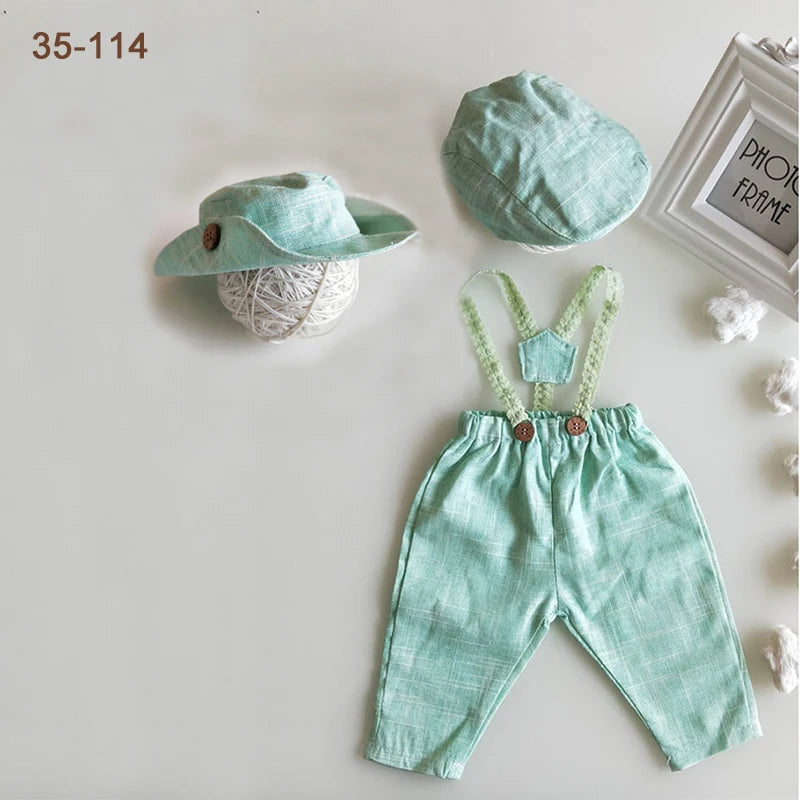 Newborn Boy Photo Outfit – Romper, Hat & Suspenders Set