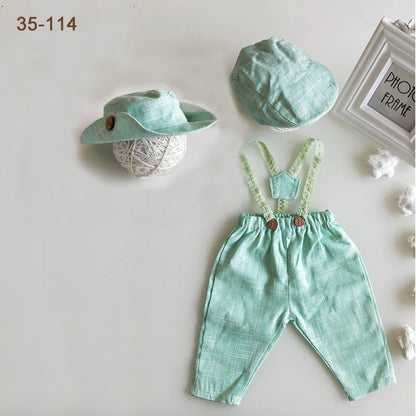 Newborn Boy Photo Outfit – Romper, Hat & Suspenders Set