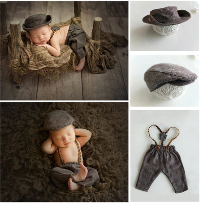 Newborn Boy Photo Outfit – Romper, Hat & Suspenders Set