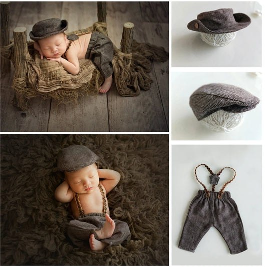 Newborn Boy Photo Outfit – Romper, Hat & Suspenders Set