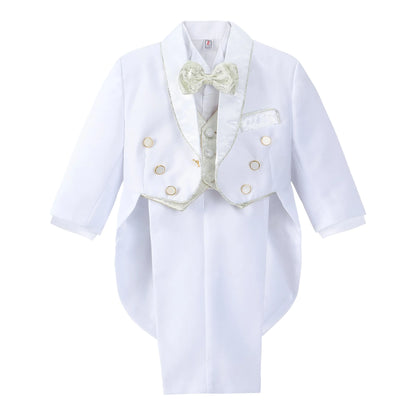 Dressy Daisy Toddler Boys Classic Tuxedo White Suit 5 Pcs Set Formal Dress Wear Wedding Outfit with Jacquard Vest Size 3T to 4T