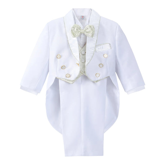Dressy Daisy Toddler Boys Classic Tuxedo White Suit 5 Pcs Set Formal Dress Wear Wedding Outfit with Jacquard Vest Size 3T to 4T
