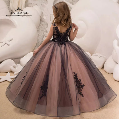 Black Lace Tulle Flower Girl Dress – Formal Occasion Gown for Girls