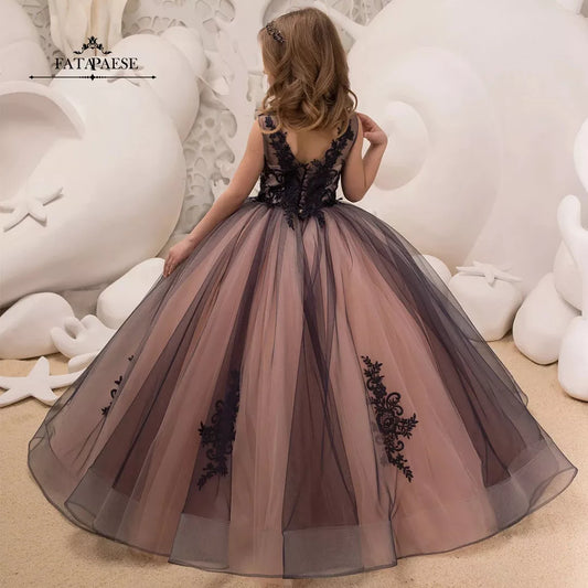 Black Lace Tulle Flower Girl Dress – Formal Occasion Gown for Girls