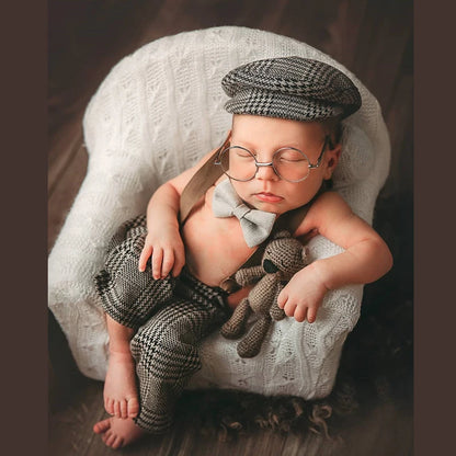 Newborn Boy Photo Outfit – Romper, Hat & Suspenders Set