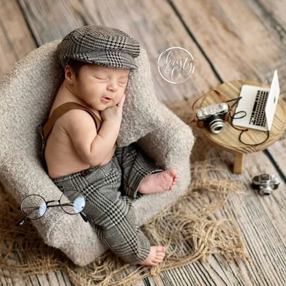 Newborn Boy Photo Outfit – Romper, Hat & Suspenders Set