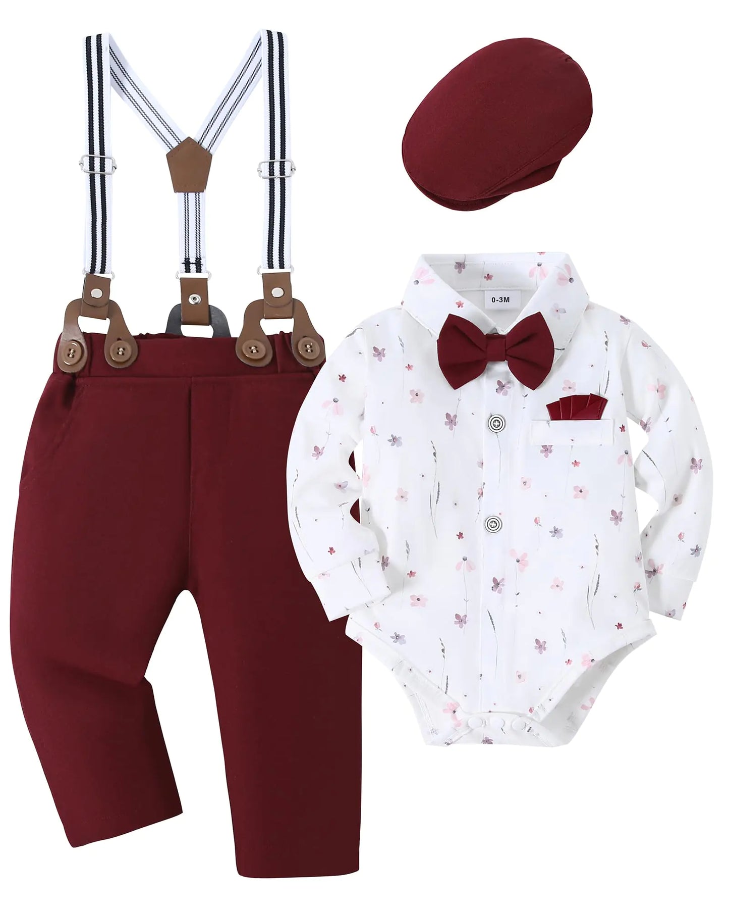 "Boys Formal Outfit – Floral Shirt with Bow Tie, Suspenders & Pink Pants"
