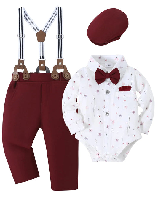 "Boys Formal Outfit – Floral Shirt with Bow Tie, Suspenders & Pink Pants"