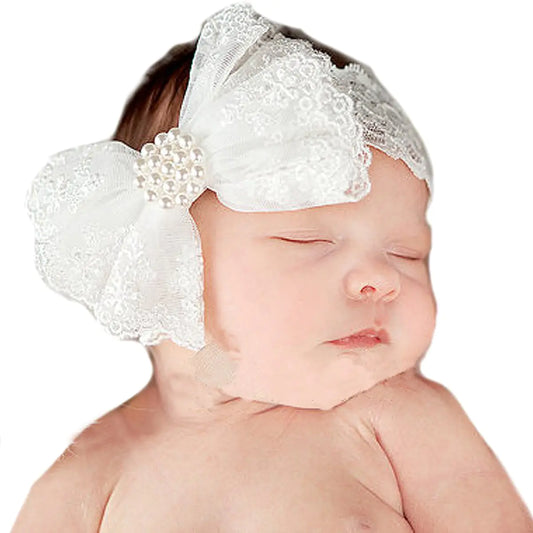 Bloomposh Baby Big Bows Headbands Baby Girl Lace Hairbands Hair Bows Elastics Hair Accessories for Newborn Infant Toddlers Kids (White)
