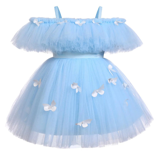 "Elegant Blue Tulle Flower Girl Dress with 3D Floral Appliqués"