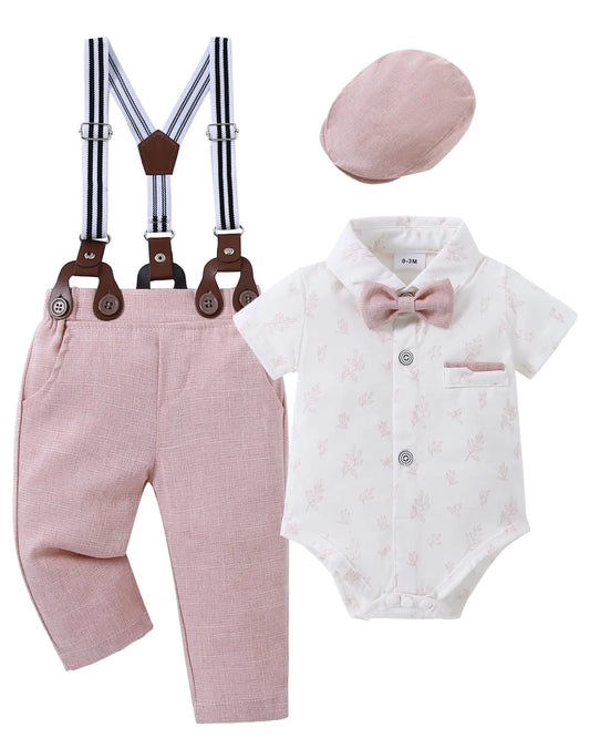"Boys Formal Outfit – Floral Shirt with Bow Tie, Suspenders & Pink Pants"