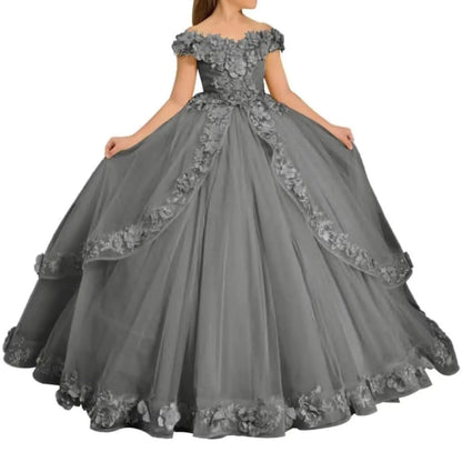 "Elegant Tulle Flower Girl Dress  Off-Shoulder Lace Princess Gown for Weddings & Special Occasions"