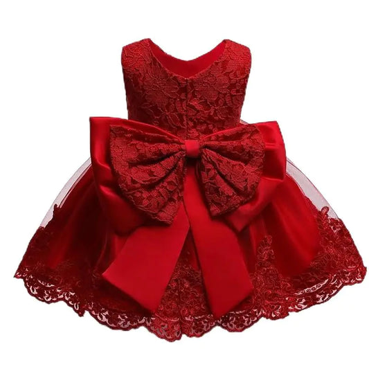 Bloomposh Baby Girl Party Dress – Elegant Red Lace with Bow