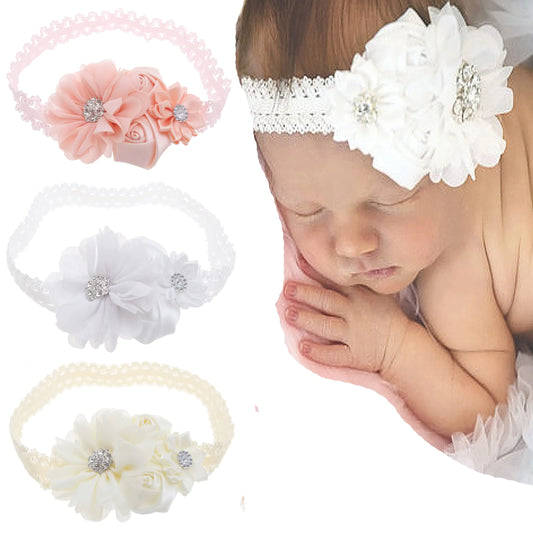 Bloomposh 3pcs Baby Flower Headbands Baby Girl Lace Headbands Soft Hair Bows Hairbands Hair Accessories for Newborn Infant Toddler Kids (WhiteIvoryPeach)