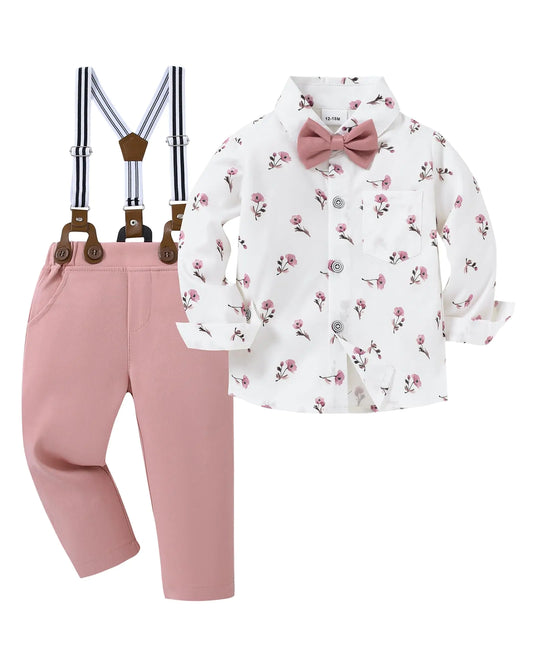 "Boys Formal Outfit – Floral Shirt with Bow Tie, Suspenders & Pink Pants"