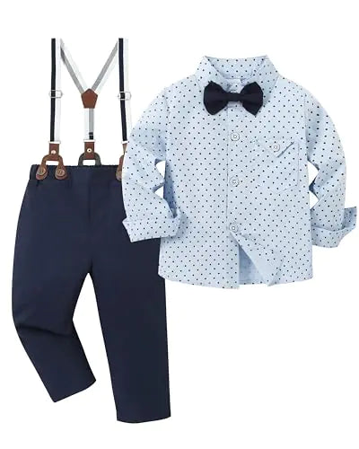 "Boys Formal Outfit – Polka Dot Shirt with Bow Tie, Suspenders & Pants"